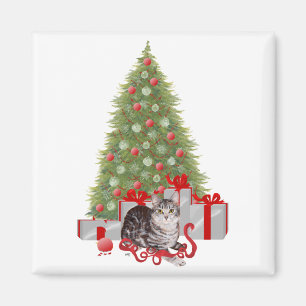 Aimant Chat tigré de Noël au sapin