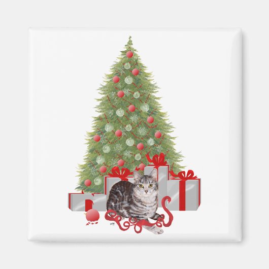 Aimant Chat tigré de Noël au sapin (Devant)