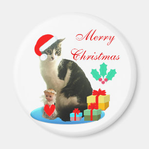 Aimant Chat tigré de Noël, petit ange & cadeaux