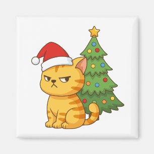 Aimant Chat tigré orange grincheux arbre de Noël chapeau
