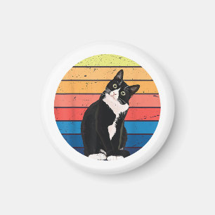 Aimant Chat Tuxedo Cadeau Couleurs Rétro pour Amoureux de