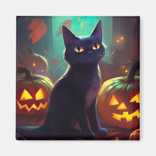 Aimant Chat Tuxedo d'Halloween avec citrouilles effrayant