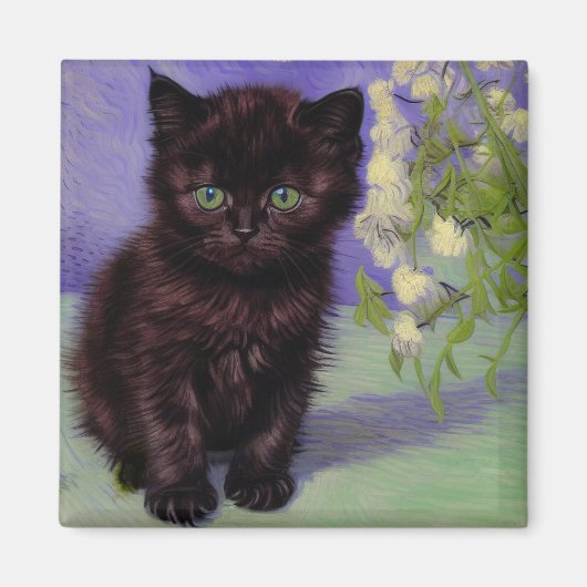 Aimant Chat Van Gogh avec fleurs blanches (Devant)