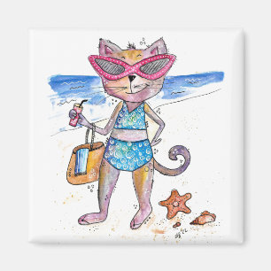 Aimant Chat Whimsical sur la plage