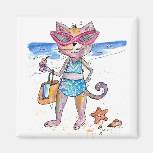 Aimant Chat Whimsical sur la plage (Devant)