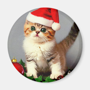 Aimant Chaton de Noël Vintage à Santa Hat