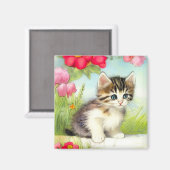 Aimant Chaton vintage blanc et Brown avec fleurs (Recto/Verso)
