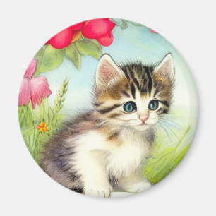 Aimant Chaton vintage blanc et Brown avec fleurs