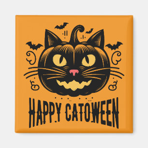 Aimant Chatoween Joyeux Chat Noir Visage de Citrouille Ha
