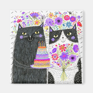 Aimant Chats de bouquet floral d'anniversaire fantaisiste