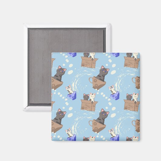 Aimant Chats en boîte et gouttes de lait sur bleu (Recto/Verso)