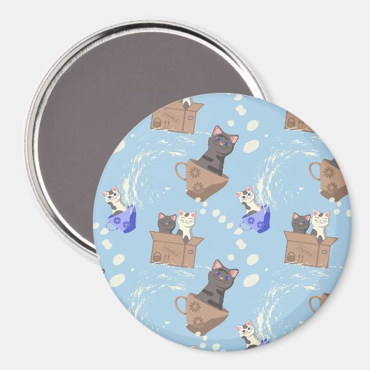 Aimant Chats en boîte et gouttes de lait sur bleu (Recto/Verso)