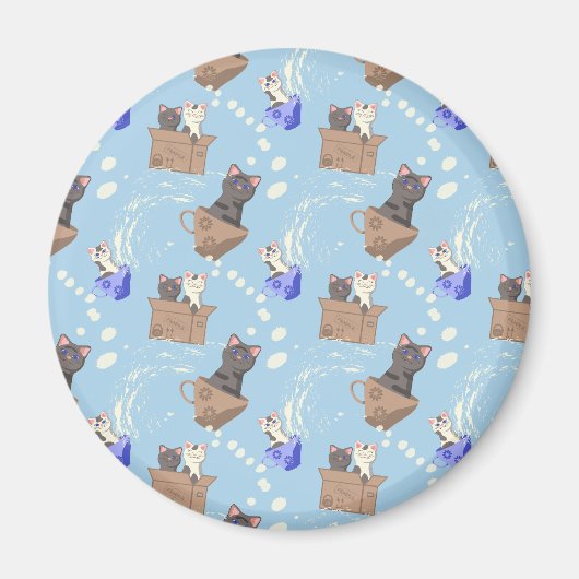 Aimant Chats en boîte et gouttes de lait sur bleu (Devant)