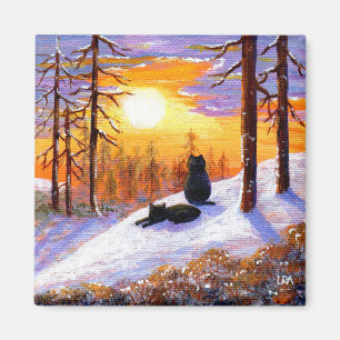 Aimant Chats noirs d'hiver Forêt de neige Créationarts