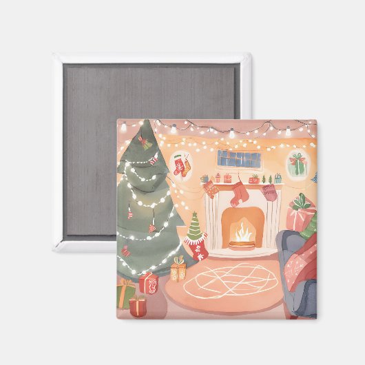 Aimant Cheminée de Noël à l'aquarelle (Recto/Verso)