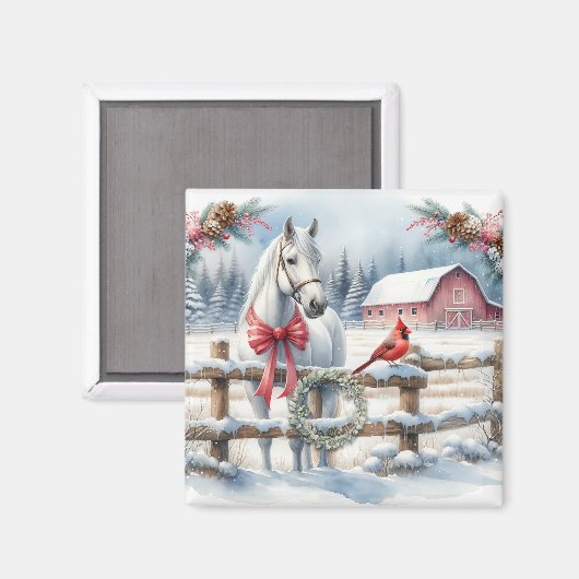 Aimant Cheval de Noël blanc et cardinal (Recto/Verso)