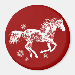 Aimant Cheval de Noël des flocons rouges et blancs