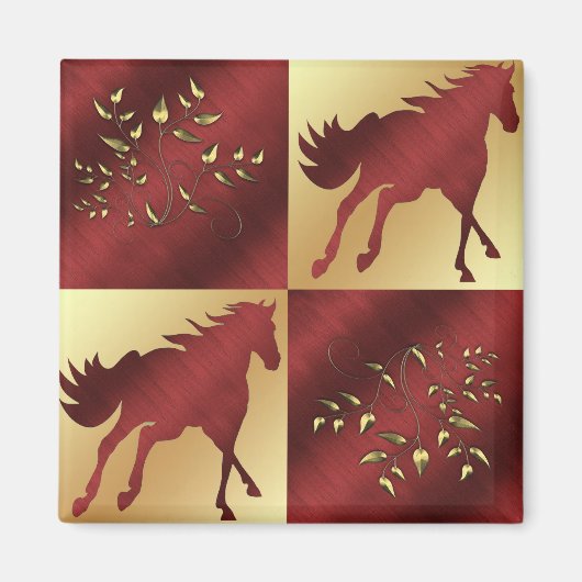 Aimant Cheval Maroon et or avec Feuilles d'or (Devant)