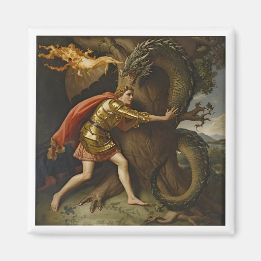 Aimant Chevalier en armure dorée contre le dragon (Devant)