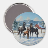 Aimant Chevaux Appaloosa noirs sur une ferme en hiver (Recto/Verso)