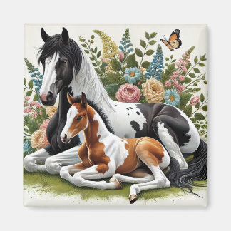 Aimant Chevaux se reposant parmi des fleurs et la verdure