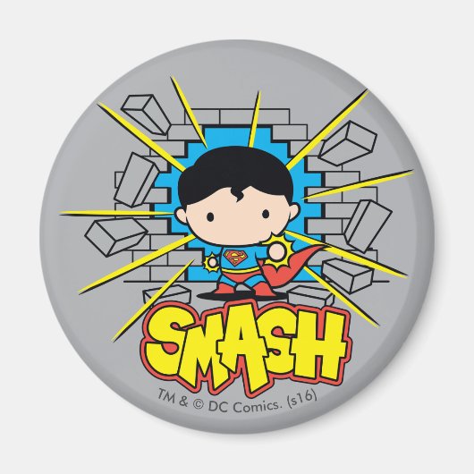 Aimant Chibi Superman Frappant À Travers Un Mur De Brique (Devant)