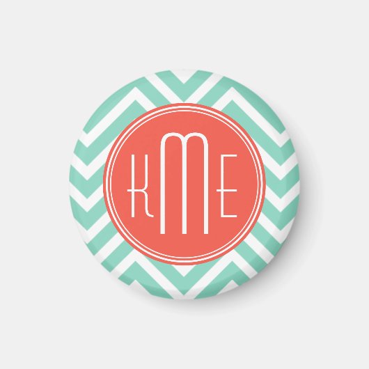 Aimant Chic Aqua Green Chevron et Orange Custom Monogram (Devant)
