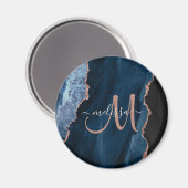 Aimant Chic Blue Rose Gold Agate Script Monogramme person (Recto/Verso)