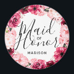Aimant Chic Bourgogne et couronne rose florale Maid of Ho<br><div class="desc">Chic Bourgogne vert & bleu rose Aquarelle Floral Wreath Mariage Monogramme Été ou Fleurs de Printemps avec verdure d'Aquarelle, polices de caractères modernes et de script, et design floral élégant. Mariage branché et chic Maid of Honor ! ~ Regardez ma boutique pour voir l'ensemble de la suite mariage pour ce...</div>