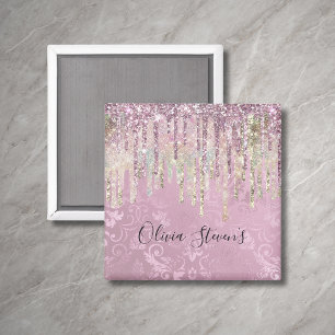 Aimant Chic damas rose paillettes licorne monogramme qui