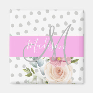 Aimant Chic & Féminin Floral Blanc Rose Gris Monogramme N