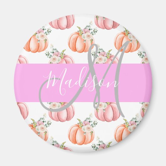 Aimant Chic Fleur Blanche Rose Pêche Citrouille Monogramm (Devant)