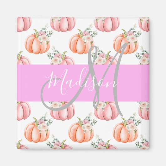 Aimant Chic Fleur Blanche Rose Pêche Citrouille Monogramm (Devant)