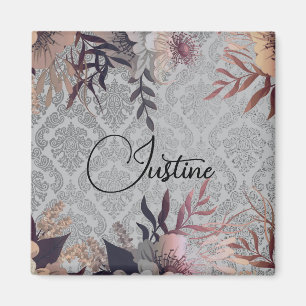 Aimant Chic Floral Argent Damask Personnalisé