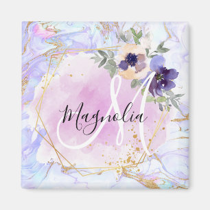 Aimant Chic Floral Bleu Rose Or Licorne Arc-en-Ciel Marbr