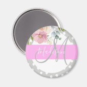 Aimant Chic & Girly Floral Blanc Rose Gris Monogram Nom (Recto/Verso)