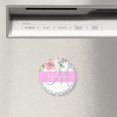 Aimant Chic & Girly Floral Blanc Rose Gris Monogram Nom (In Situ (Lave-vaisselle))