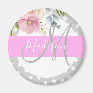 Aimant Chic & Girly Floral Blanc Rose Gris Monogram Nom