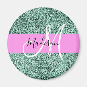 Aimant Chic Glam Rose Vert Paillettes Étincelle Monogramm