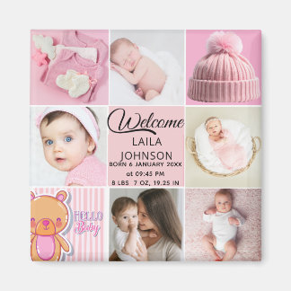 Aimant Chic Pink Custom name and baby girl photo collage