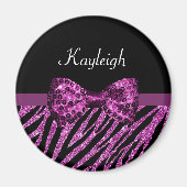Aimant Chic Purple Zebra Print FAUX Glitz Bow avec nom (Devant)