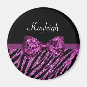 Aimant Chic Purple Zebra Print FAUX Glitz Bow avec nom
