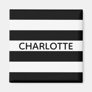 Aimant Chic rayures noir et blanc nom personnalisé monog