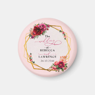 Aimant Chic rouge rose floral et faux mariage or