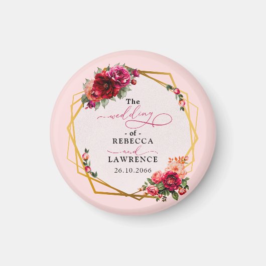 Aimant Chic rouge rose floral et faux mariage or (Devant)