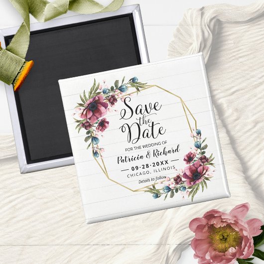 Aimant Chic Rustique Mariage Fleurs Bourgogne Enregistrer