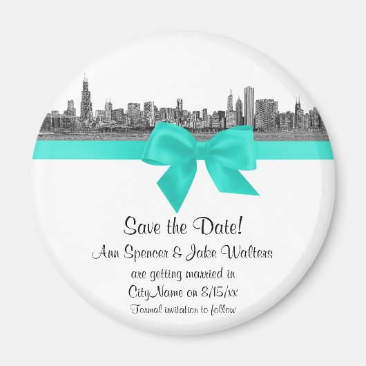 Aimant Chicago Skyline Etched BW Aqua Enregistrer la date (Devant)