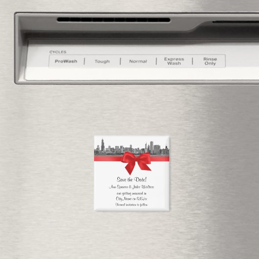 Aimant Chicago Skyline Etched BW Red Enregistrer la date (In Situ (Lave-vaisselle))