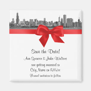 Aimant Chicago Skyline Etched BW Red Enregistrer la date