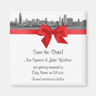 Aimant Chicago Skyline Gravé BW Rouge Save the Date